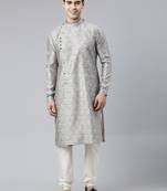 Grey Block Printed Angrakha Style Chanderi Silk Kurta Set