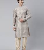 Creame Floral Block Printed Angrakha Full Open Chanderi Silk Kurta Set