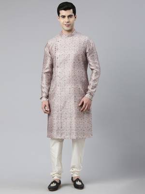 Pink Floral  Block Printed Angrakha Chanderi Silk Kurta Set 1