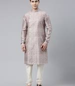 Pink Floral  Block Printed Angrakha Chanderi Silk Kurta Set