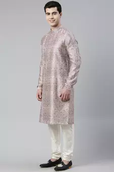 Pink Floral  Block Printed Angrakha Chanderi Silk Kurta Set