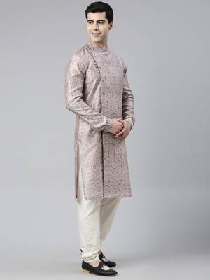 Pink Floral  Block Printed Angrakha Chanderi Silk Kurta Set 4