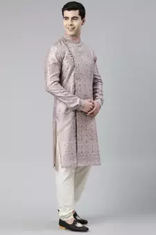 Pink Floral  Block Printed Angrakha Chanderi Silk Kurta Set