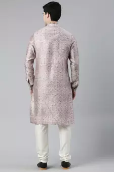 Pink Floral  Block Printed Angrakha Chanderi Silk Kurta Set