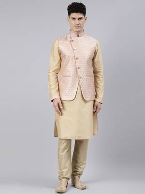 Peach Brocade Jacket With Gold Kurta 1