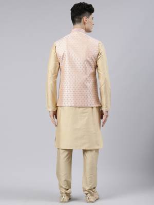 Peach Brocade Jacket With Gold Kurta 5
