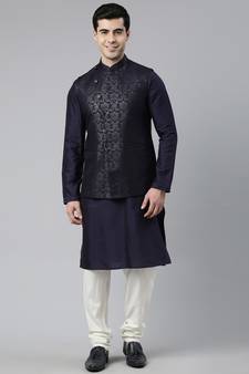 Midnight Blue Jacquard Jacket With Navy Kurta