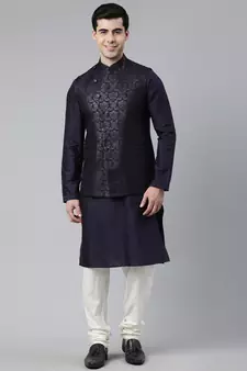 Midnight Blue Jacquard Jacket With Navy Kurta