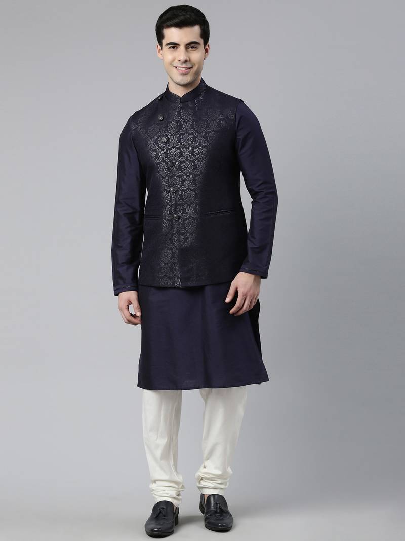 Midnight Blue Jacquard Jacket With Navy Kurta