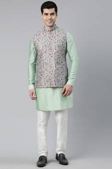 Jade Green Pashmina Print Jacket With Solid Green Short Kurta Set