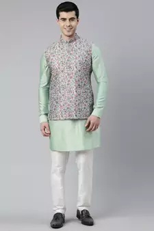 Jade Green Pashmina Print Jacket With Solid Green Short Kurta Set