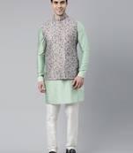 Jade Green Pashmina Print Jacket With Solid Green Short Kurta Set