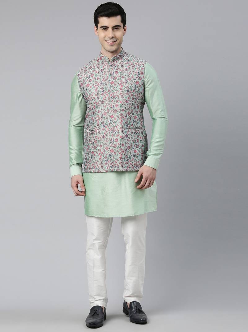 Jade Green Pashmina Print Jacket With Solid Green Short Kurta Set