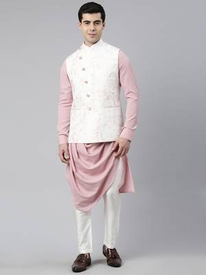 Creame Pink Printed Jacket With Pink Draped Kurta 1