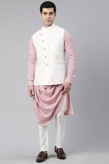 Creame Pink Printed Jacket With Pink Draped Kurta