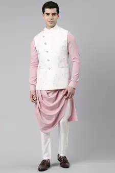 Creame Pink Printed Jacket With Pink Draped Kurta