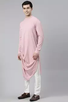Creame Pink Printed Jacket With Pink Draped Kurta