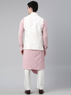 Creame Pink Printed Jacket With Pink Draped Kurta 5