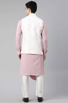 Creame Pink Printed Jacket With Pink Draped Kurta
