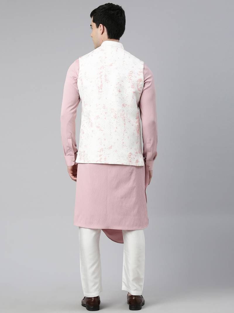 Creame Pink Printed Jacket With Pink Draped Kurta