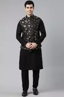 Black Gold Jacquard Print With Black Kurta
