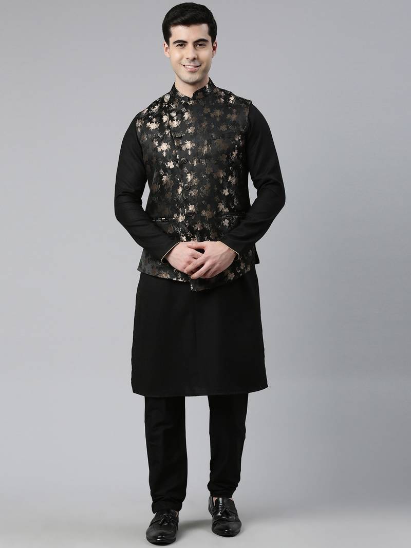 Black Gold Jacquard Print With Black Kurta