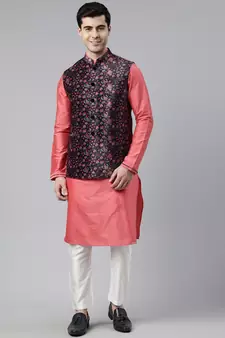 Midnight Blue Velvet  Pashmina Printed  Jacket With Pink Kurta