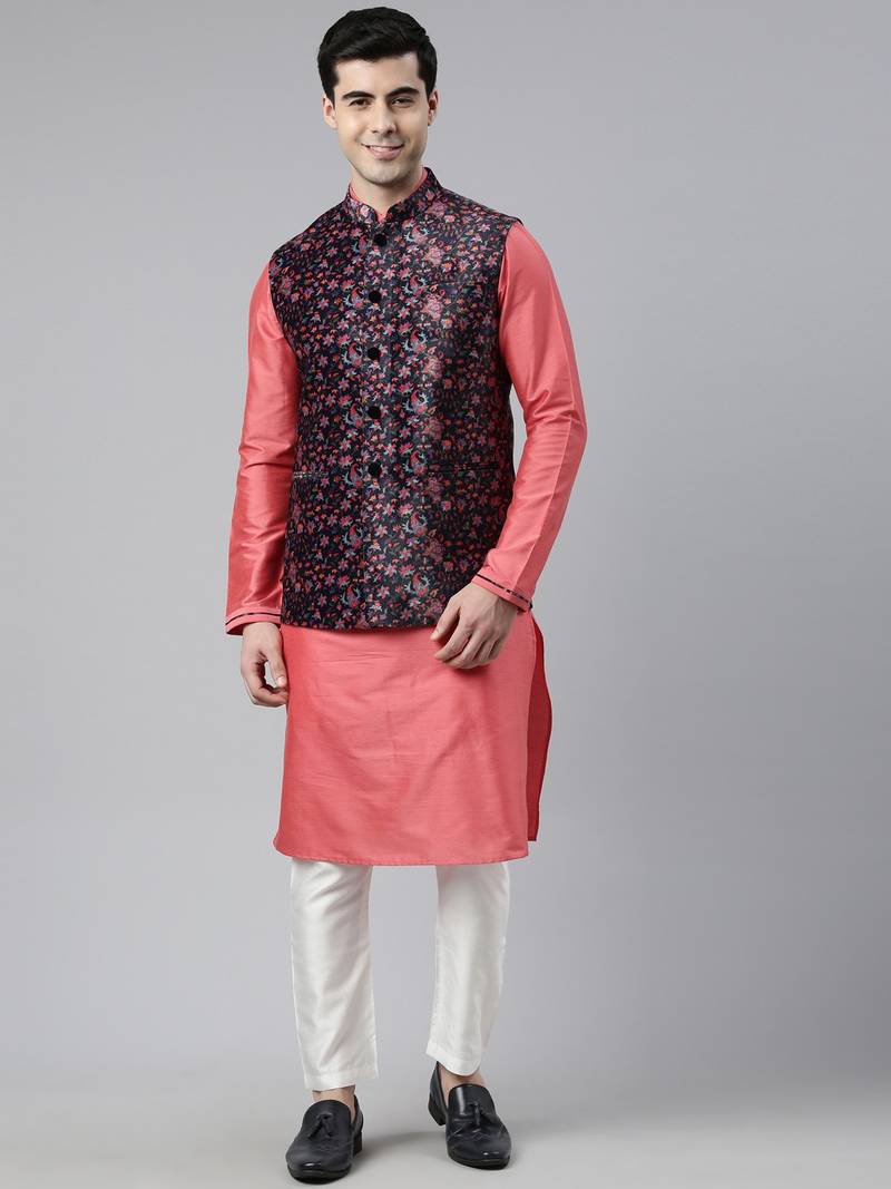 Midnight Blue Velvet  Pashmina Printed  Jacket With Pink Kurta