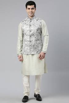 Grey Green Jacquard Jacket With  Green Kurta