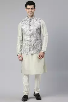Grey Green Jacquard Jacket With  Green Kurta