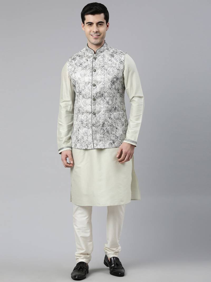 Grey Green Jacquard Jacket With  Green Kurta