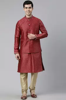 Scarlet Red Brocade Jacket And Kurta Set