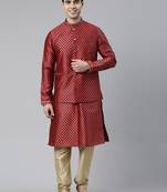 Scarlet Red Brocade Jacket And Kurta Set