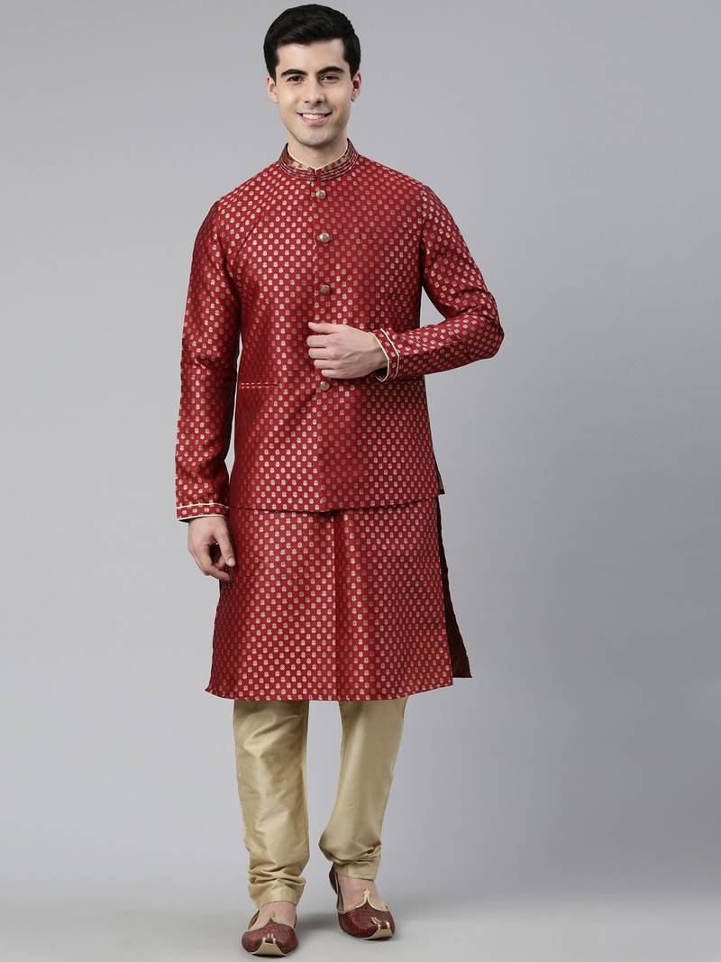 Scarlet Red Brocade Jacket And Kurta Set