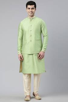Mint Green Banarsi Jacquard Jacket And Kurta Set