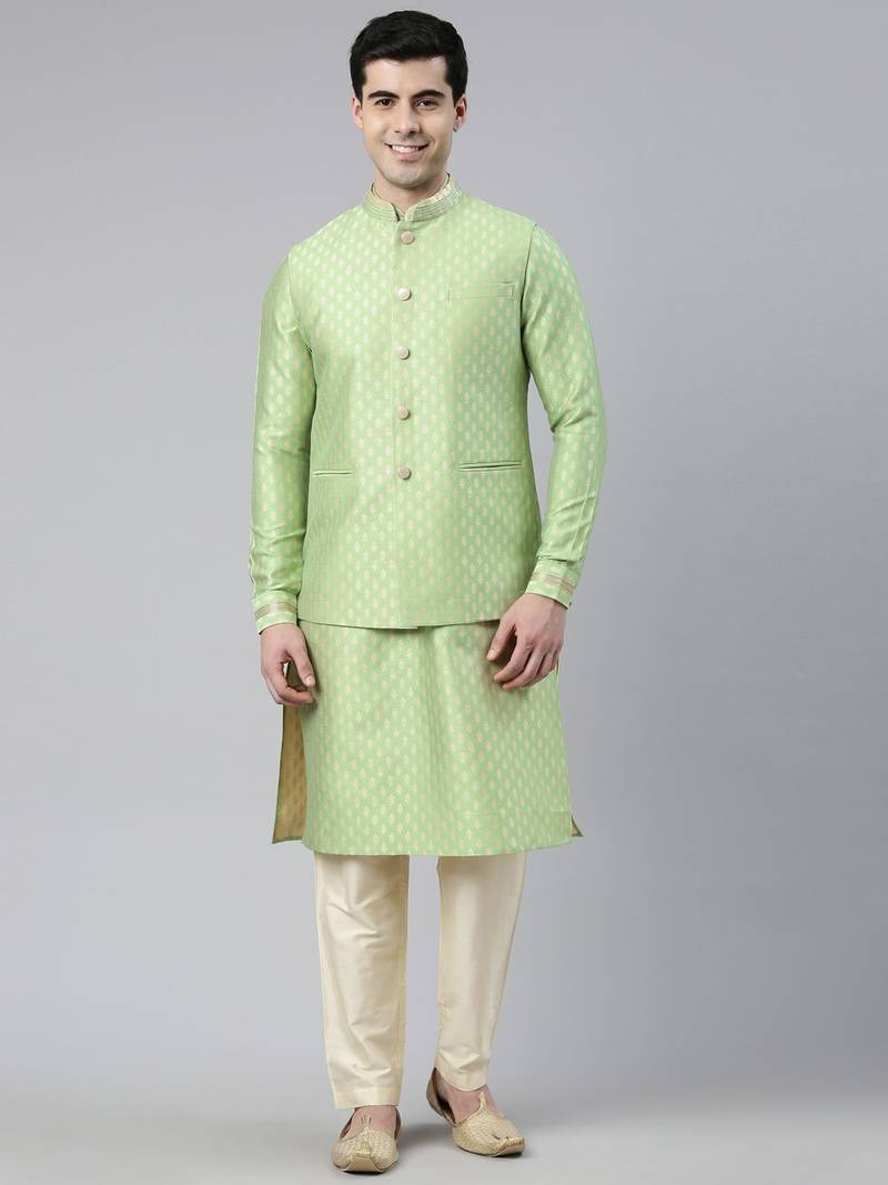 Mint Green Banarsi Jacquard Jacket And Kurta Set