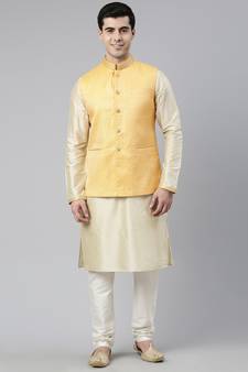 Mustard Geometric Jacquard Jacket With Kurta Set