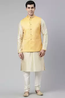 Mustard Geometric Jacquard Jacket With Kurta Set