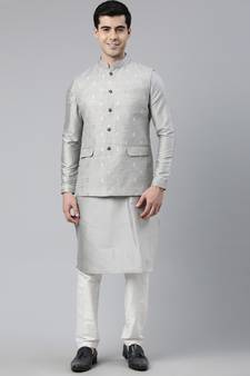 Grey Chanderi Booti Jacket With Kurta Set