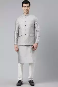 Grey Chanderi Booti Jacket With Kurta Set