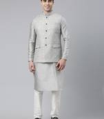 Grey Chanderi Booti Jacket With Kurta Set