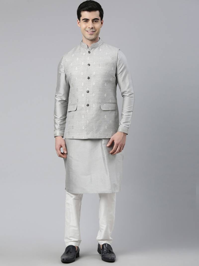 Grey Chanderi Booti Jacket With Kurta Set