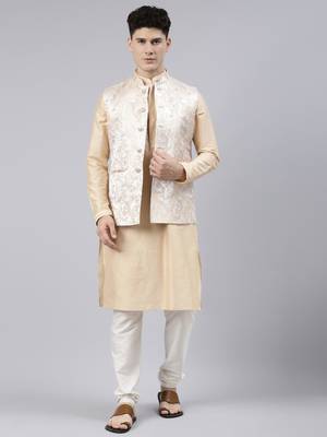 Creame Gold Jacket With Gold Kurta Set 1