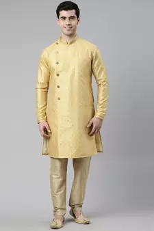 Yellow Gold Banarsi Brocade Angrakha Style Kurta Set