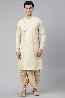 Ivory Gold Brocade Silk Open Kurta Set
