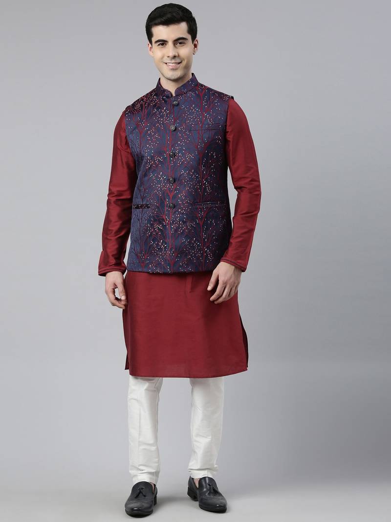 Navy Maroon Jacquard Jacket With Maroon Kurta