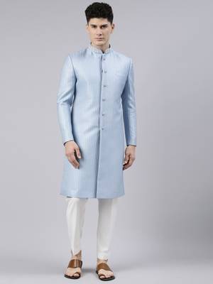 Powder Blue Jacquard Achkan 1