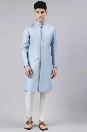 Powder Blue Jacquard Achkan