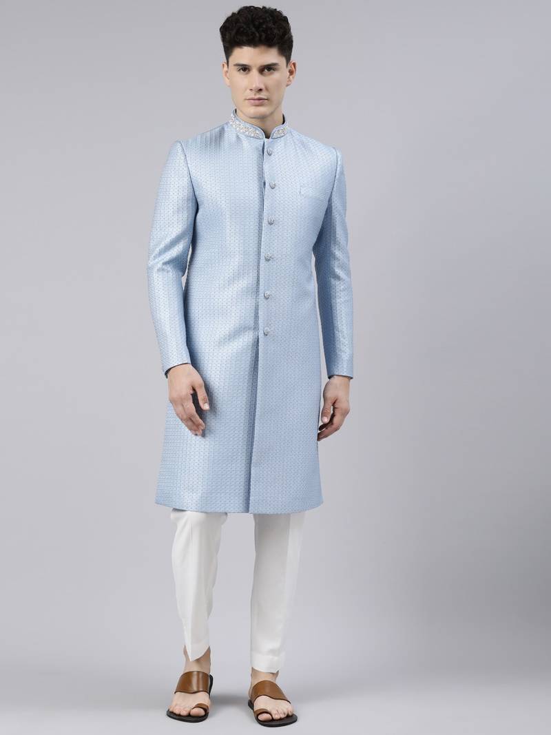 Powder Blue Jacquard Achkan