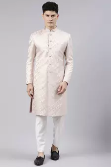 Peach Jacquard Achkan